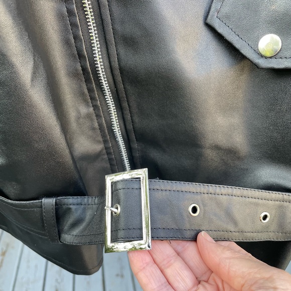 Faux Leather Moto Jacket Black Zip Up Belted - Picture 6 of 13